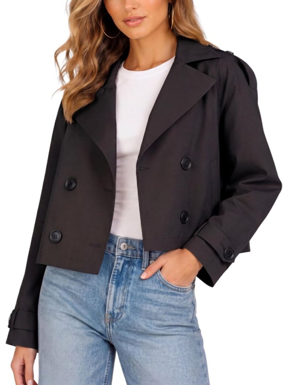 Steve Madden Women's Black Oversized Cropped Double Breasted Trench Lapel Jacket